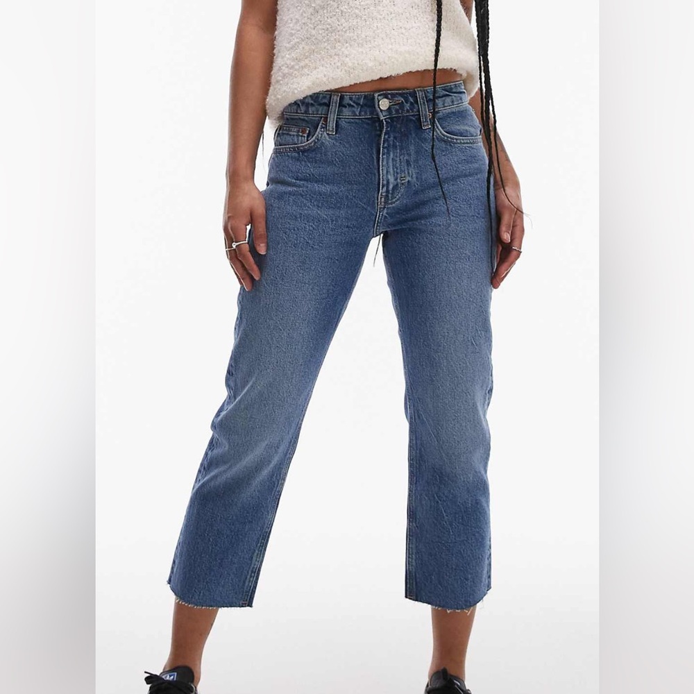 Topshop Mid Rise Straight Cropped Jeans with Raw Hem